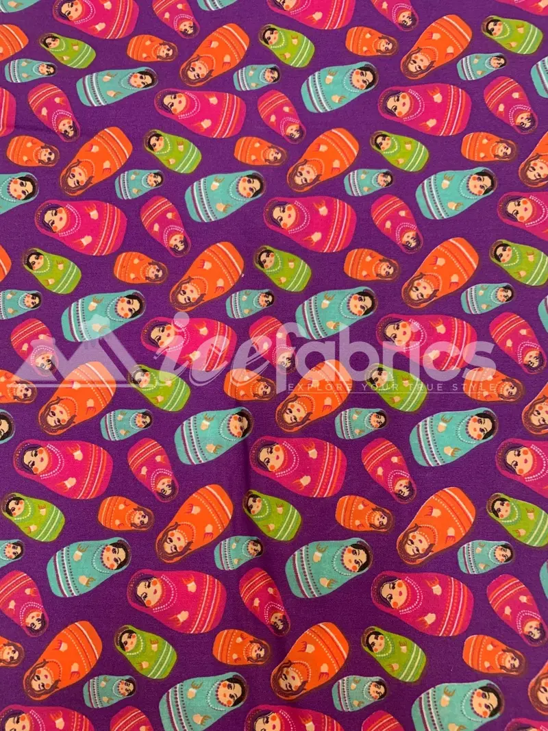 Amethyst Purple Matryoshka Doll Design Polyester-Cotton Fabric By The Yard 1