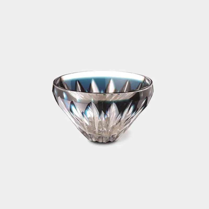 Artisan Satsuma Cut Glass Mt. Fuji Sake Cup – Deep Indigo Hue, Paulownia Display Box 1