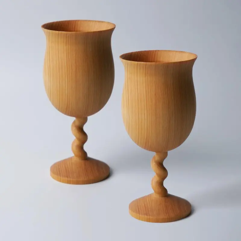 Artisan Wooden-Twist Wine Goblets – Handcrafted Glass Pair | Kino-Sachi 1