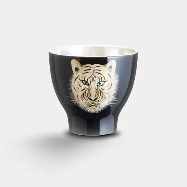 Artisanal Wajima-Finish Tiger Motif Sake Cup (Guinomi) – Black Pewter By Osaka Naniwa 1