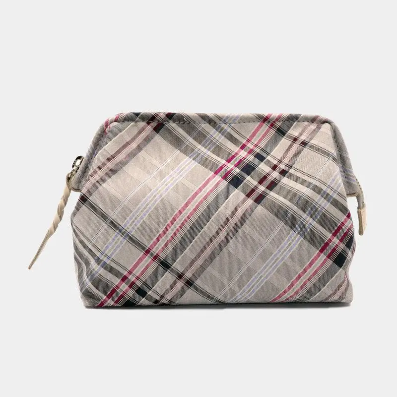 Ash Gray Water-Resistant Nishijin Silk Accessory Pouch – Multi-Check Zipper-Clasp Design 1