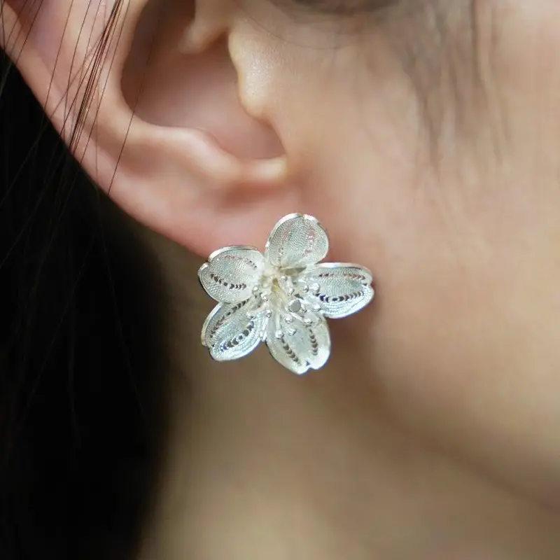 Asymmetrical Sakura Drop Earring — Single Ear Design In Silver Wire | Checos 1