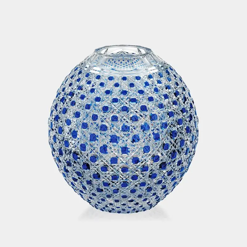 Azure Octagonal Basket-Weave Round Vase – Edo Kiriko Crystal Centerpiece 1