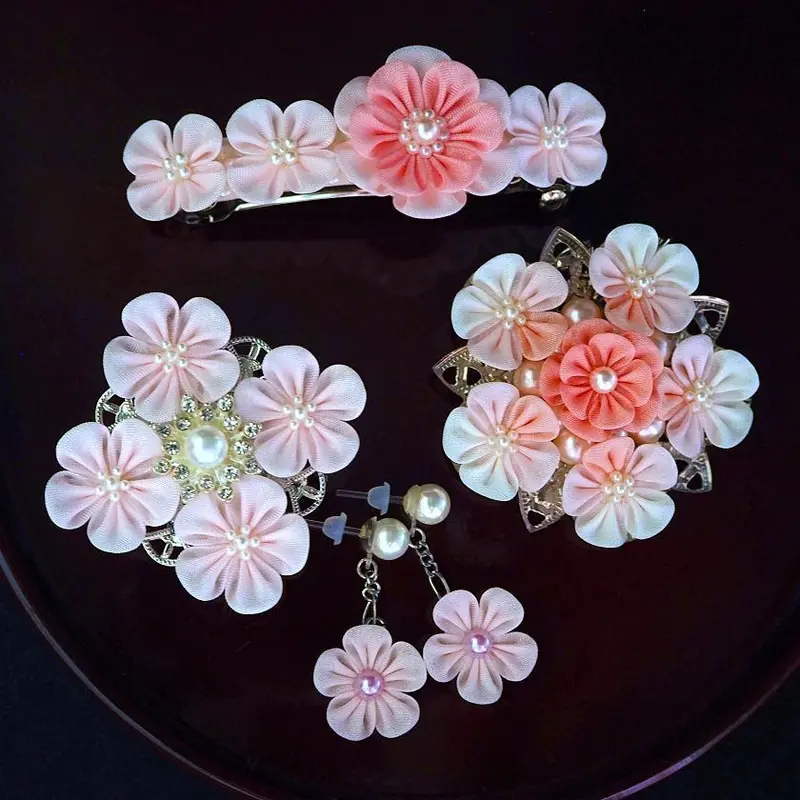 Baby Pink Tsumami Kanzashi Set: Barrettes, Brooches, Earrings & Bag Charms 1