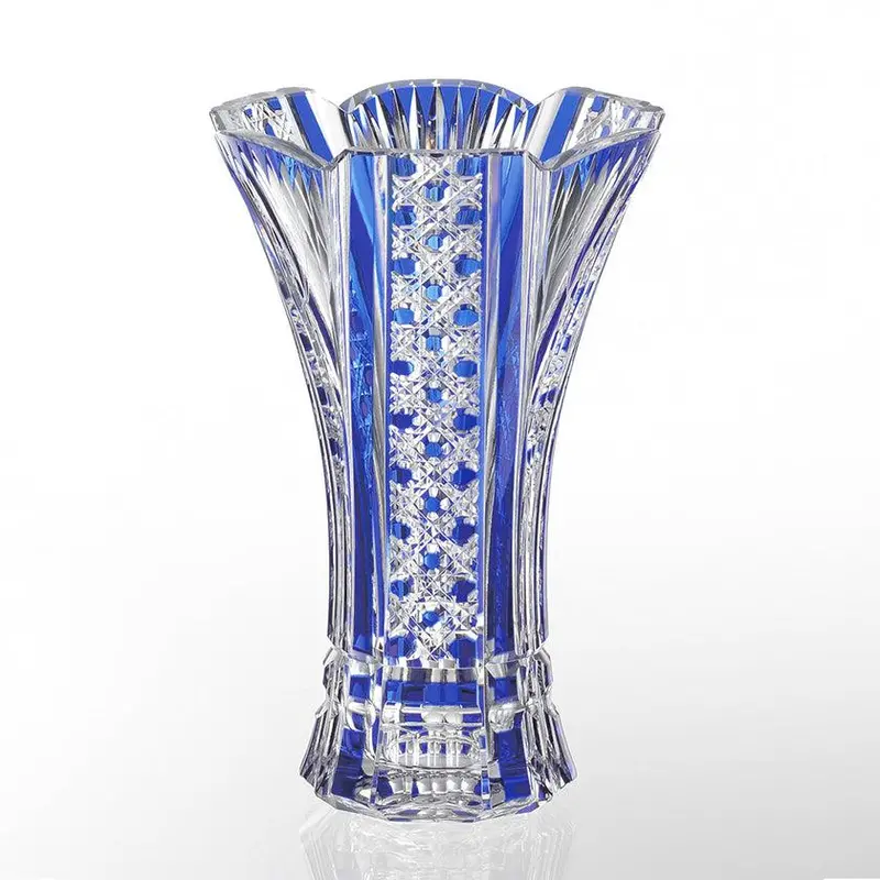 Bamboo Leaves & Octagonal Basket Weave Vase – Blue Edo Kiriko By Kagami 1