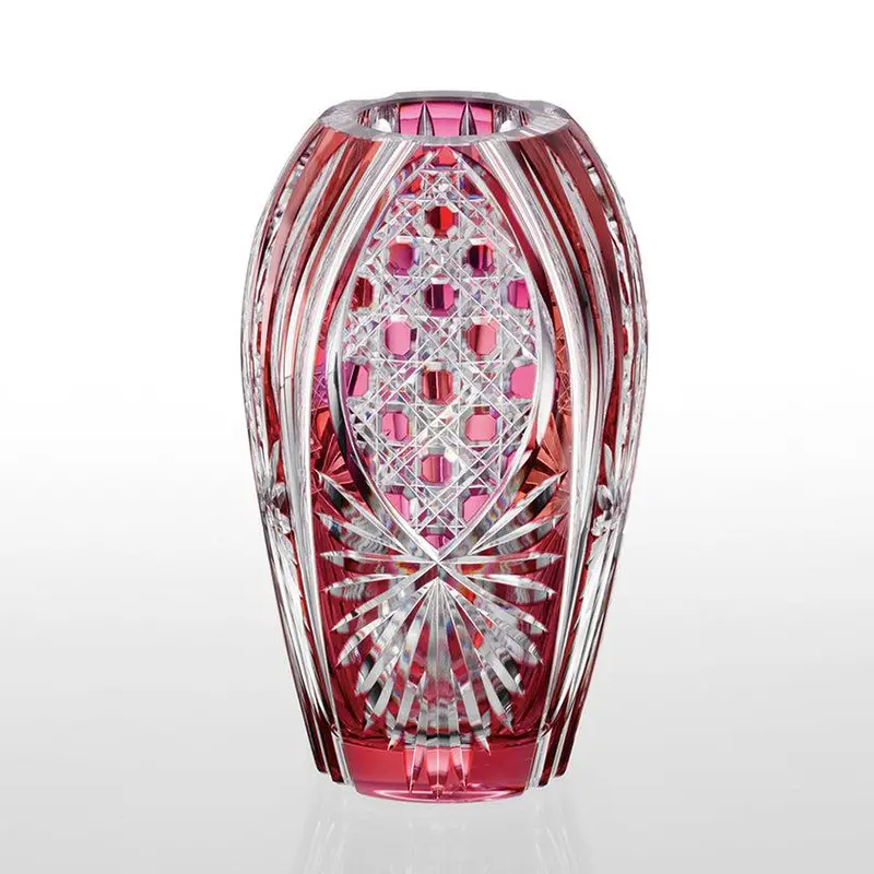 Bamboo Leaves & Octagonal Basket Weave Vase – Red Edo Kiriko Edition 1