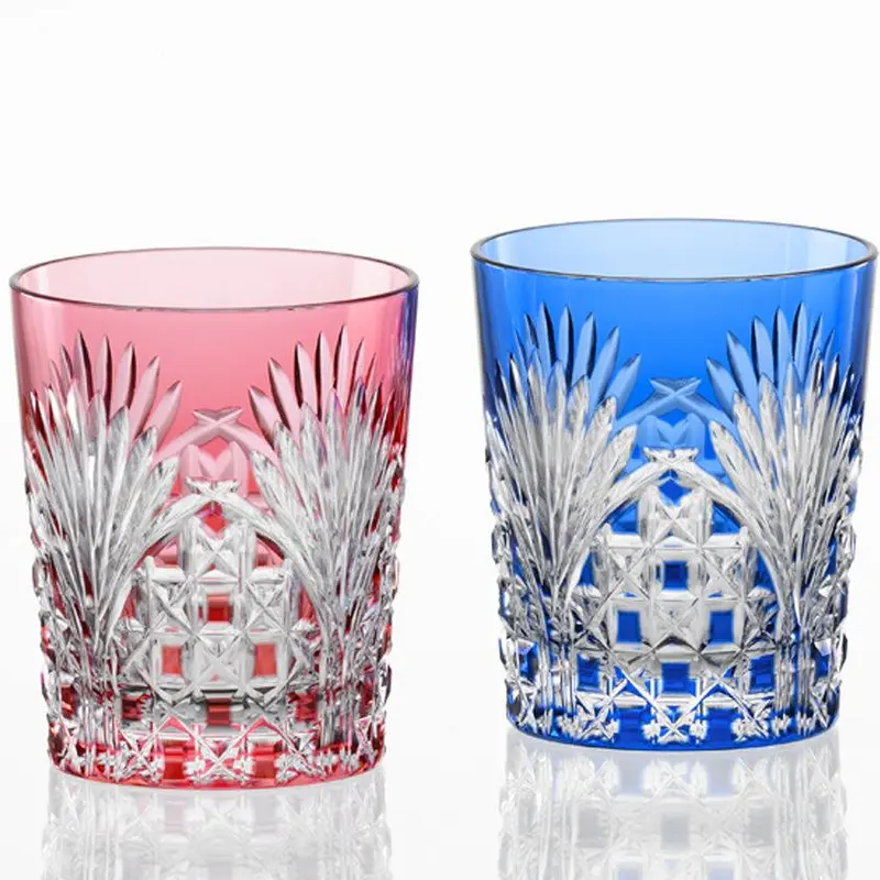 Bamboo Leaves & Tetragonal Basket Weave Whiskey Rocks Glass Pair – Edo Kiriko | Kagami Crystal 1