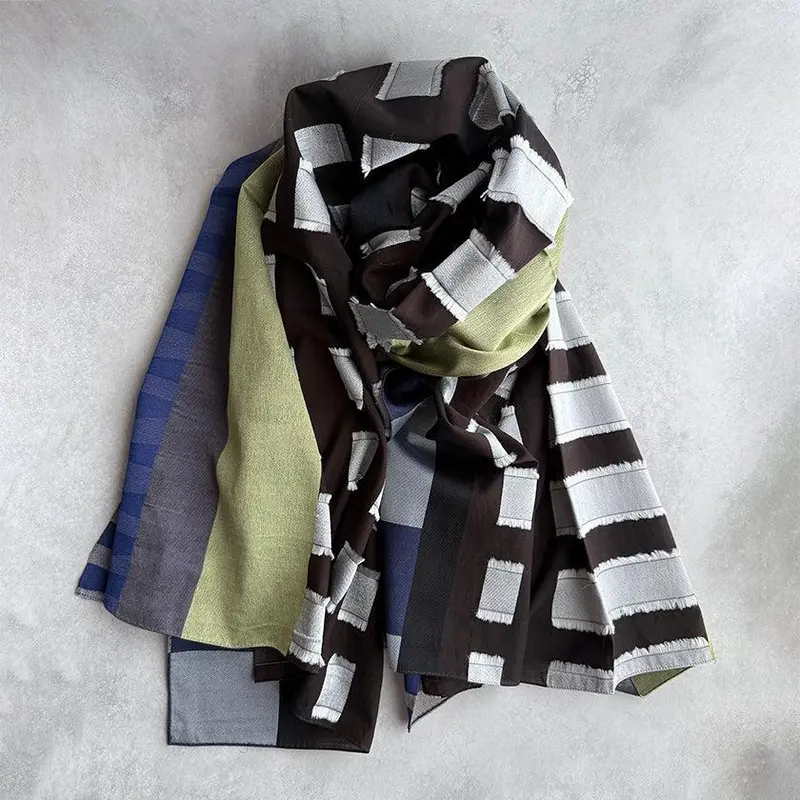 Banshu-Ori Jacquard Long Cupro Scarf In Navy-Brown – Traditional Japanese Weaving By Pols 1