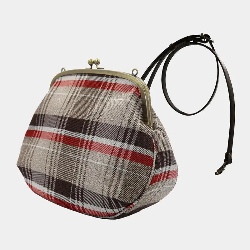 Beige Water-Resistant Nishijin Silk Shoulder Bag – Tartan Check Gama-Guchi Clasp Style 1