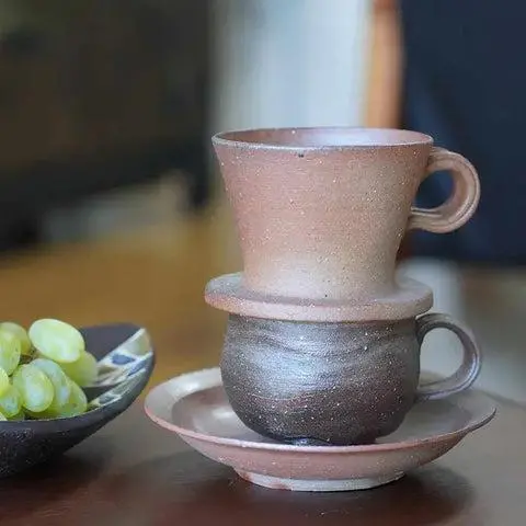 Bizen Ware Coffee Drip Set: Ceramic Cup, Saucer & Dripper By Naoto Tsuneki 1