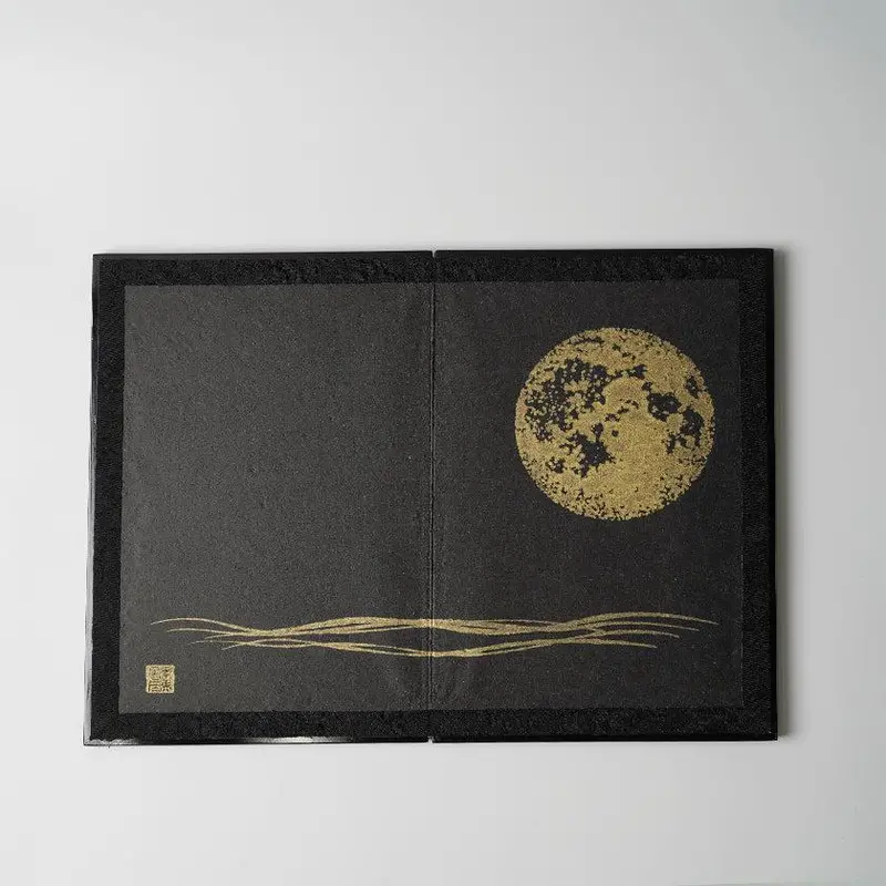 Black Full Moon Folding Screen (Small) — Karakami Japanese Paper Room Divider With Bronze Accents | Ekeibifugetsu 1