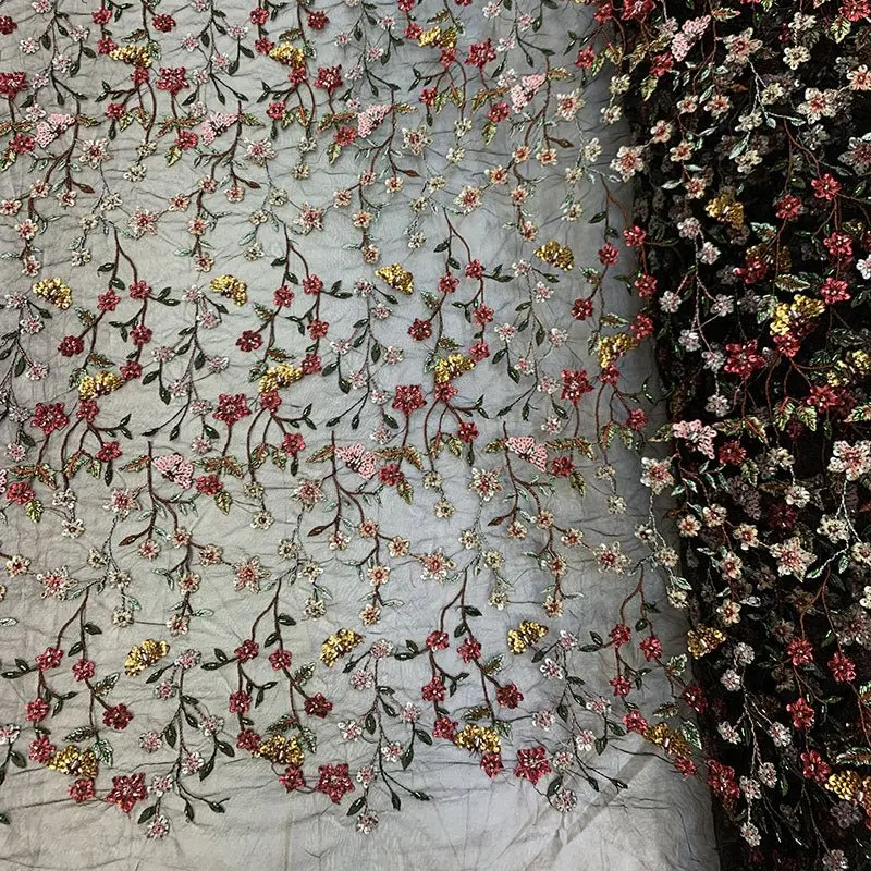 Black Mesh Lace With Hand-Embroidered Red Flowers – Beaded Floral Accent Fabric 1