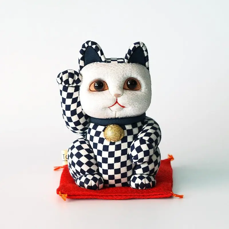 Blue Checkered Maneki Neko Lucky Cat – Medium Size | Edo Art Dolls By Kakinuma 1