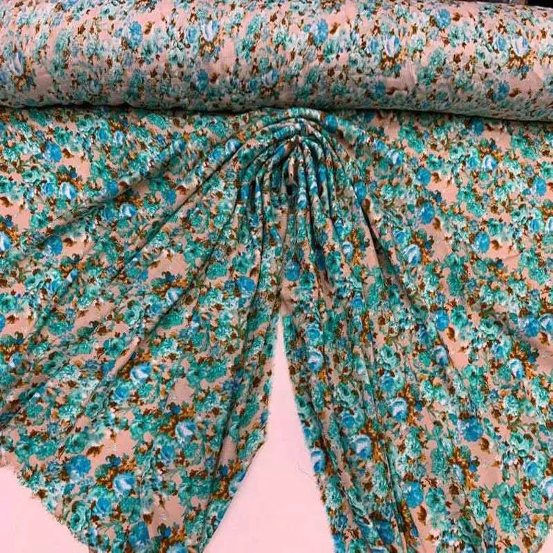 Blue-Green Floral Rayon Challis – Lightweight, Organic, Drapable 1