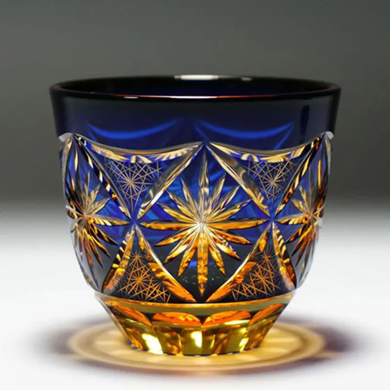 Blue & Orange Kiriko Cut Glass Sake Cup – Ginwan No Hana Chilled Serving Tumbler 1
