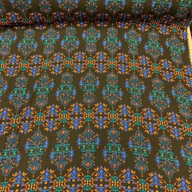 Boho Large-Paisley Rayon Challis – Orange, Blue, Green On Black, Soft Organic Drape 1