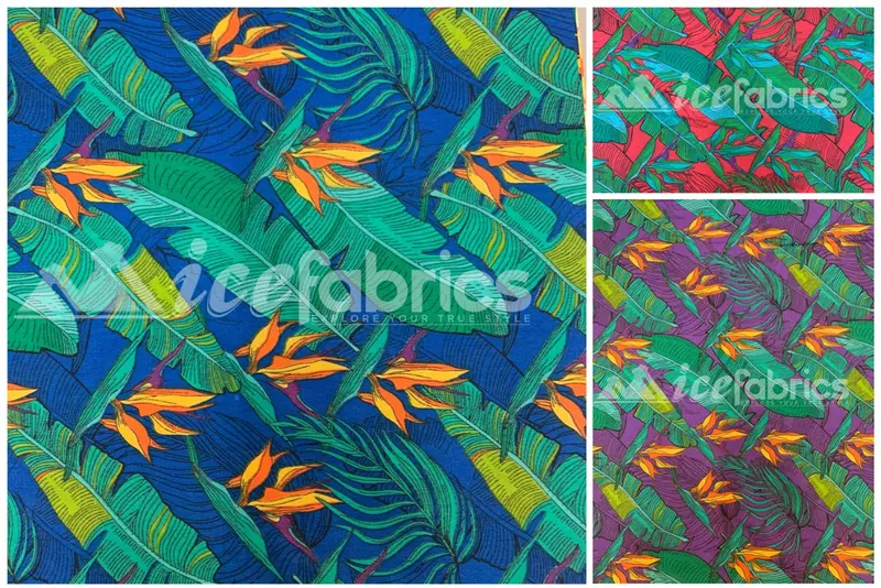 Botanical Leaf Pattern Poly-Cotton Fabric Yardage (Red, Purple, Blue) 1