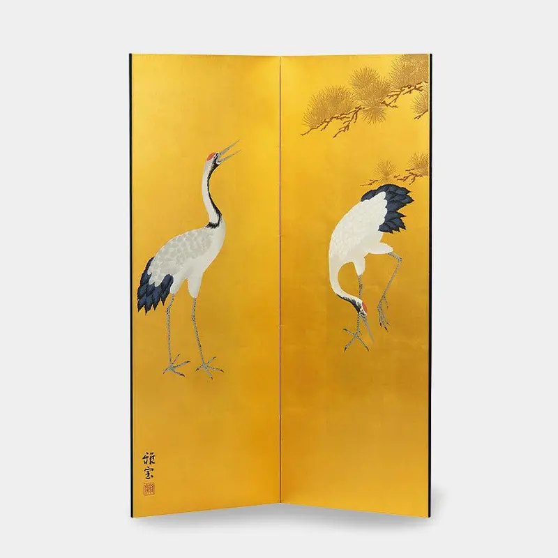 Brass-Leaf Gold Folding Screen – Crane Motif | Handcrafted Wood & Metal Fusion 1