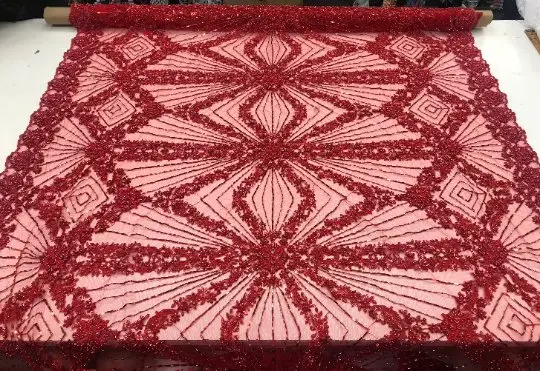 Bridal Hand-Beaded Lace On Mesh With Sequins – Elegant Wedding Fabric 1