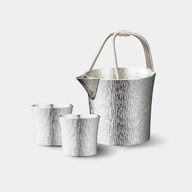 Bright Green Sake Set: Bottle + Two Matching Cups | Osaka Naniwa Pewter 1