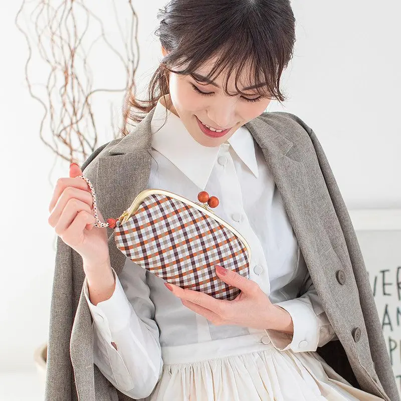 Brown Nishijin Silk Clasp Wallet – Gingham Check Design With Kyoto Kumihimo Strap 1