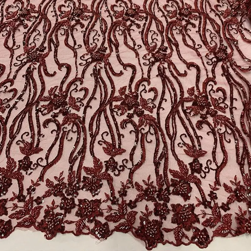 Burgundy Beaded Embroidered Luxury Fashion Fabric 1