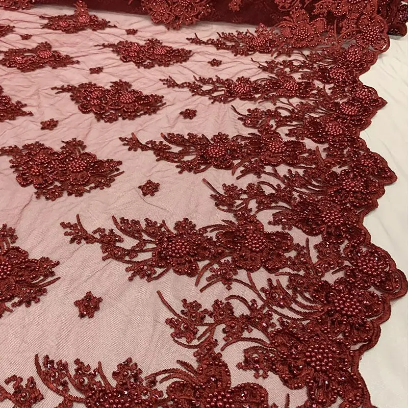 Burgundy Beaded Floral Lace Fabric – Premium Bridal Embroidered Textile 1