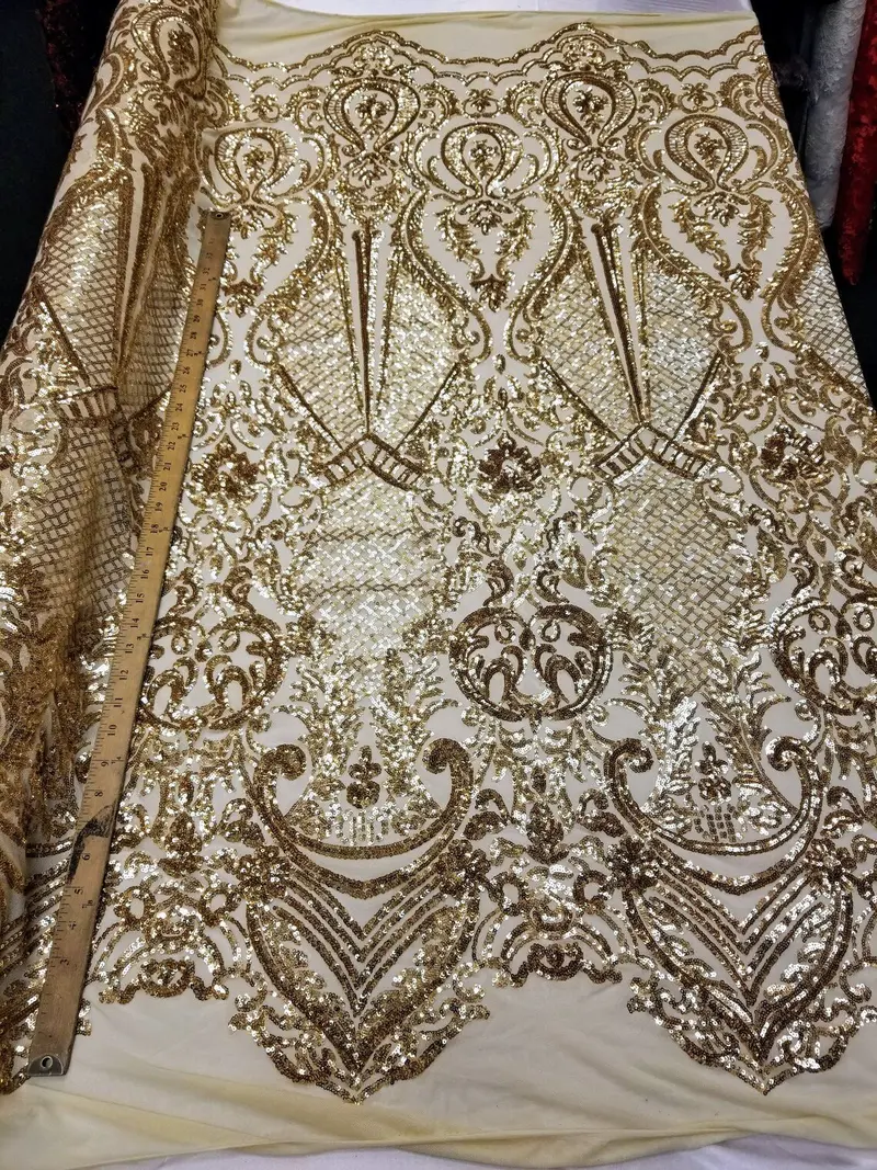 Champagne Gold Sequin Fabric – Warm Metallic Stretch Mesh 1