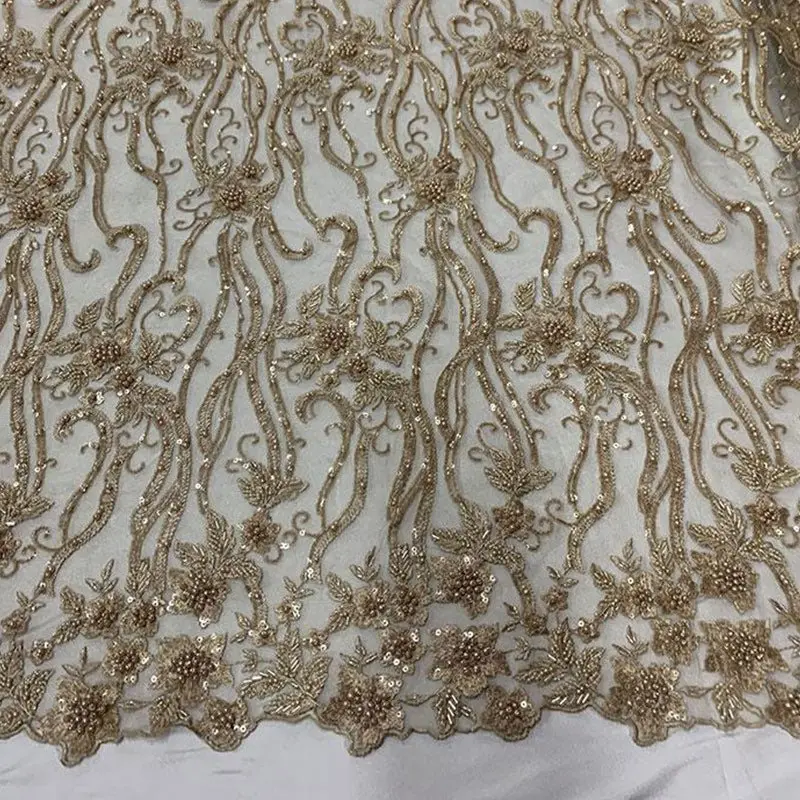 Champagne Metallic Beaded Embroidery Fabric – Luxury Fashion Textile 1
