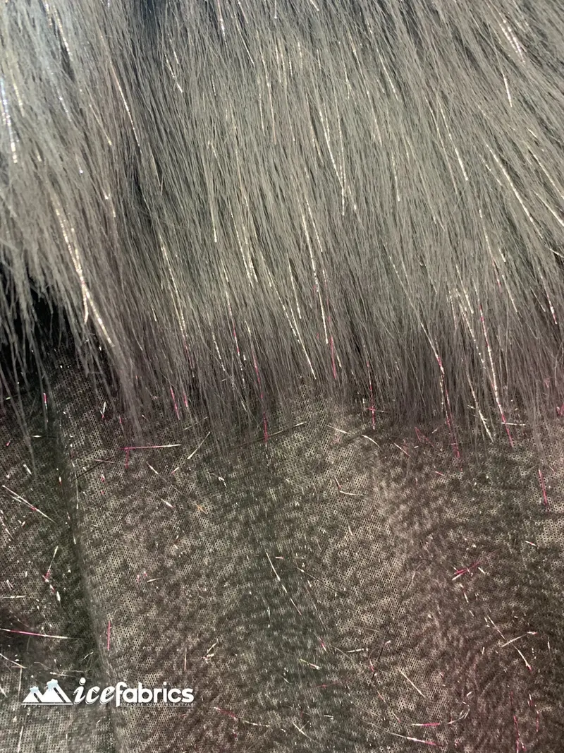 Charcoal Gray Tinsel-Accented Mongolian Faux Fur – Long-Pile Yard Fabric 1