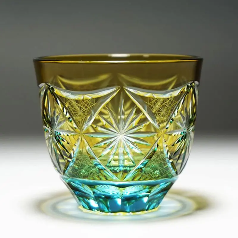 Cold Sake Glass Ginwan No Hana — Yellow & Sky Blue Kiriko Cut Sake Vessel 1
