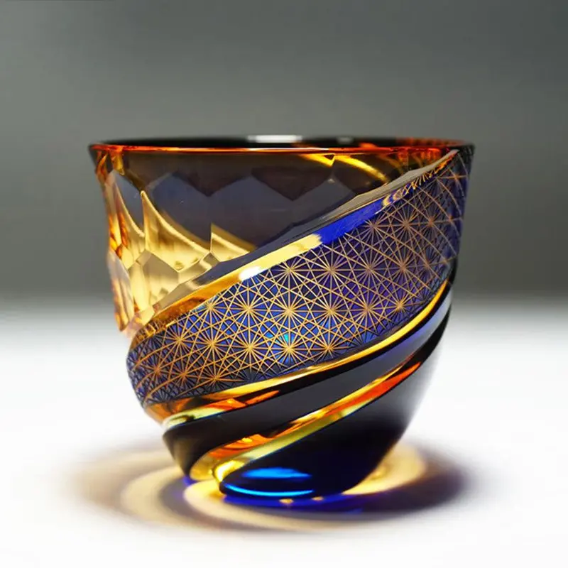 Cold Sake Glass Hou Ei — Vibrant Blue & Orange Kiriko Cut Sake Cup 1