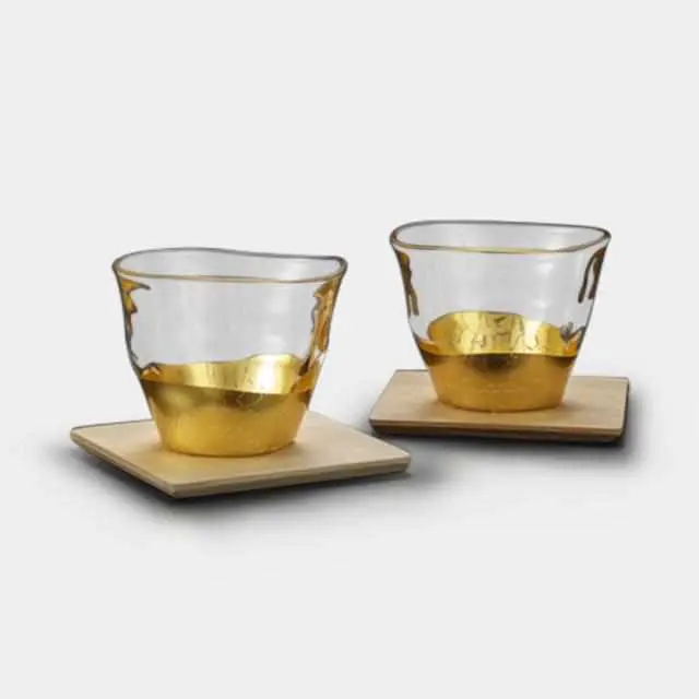 Cold Tea Glass Mug Set With Matching Coaster – Kanazawa Gold Leaf Finish By Hakuichi 1