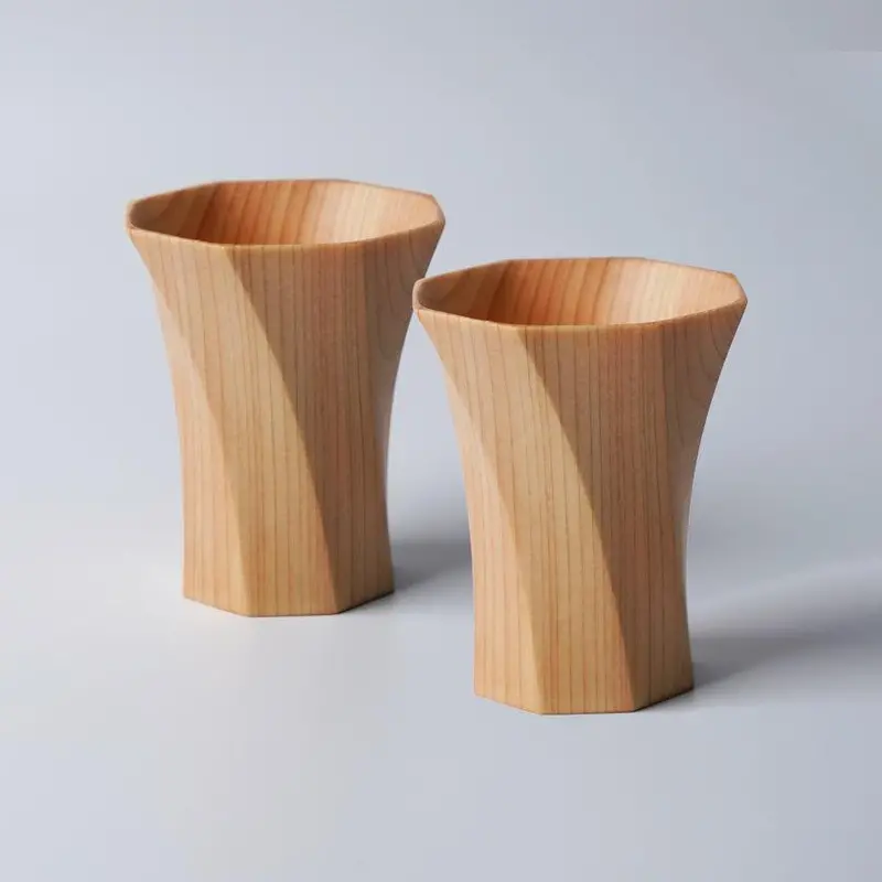 Compact Octagonal Twisted Masu Sake Cups – Small Wooden Pair | Kino-Sachi 1