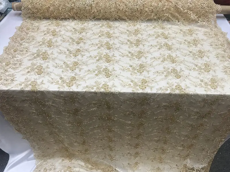 Contemporary Gold Embroidered Beaded Mesh Lace For Wedding Designs 1