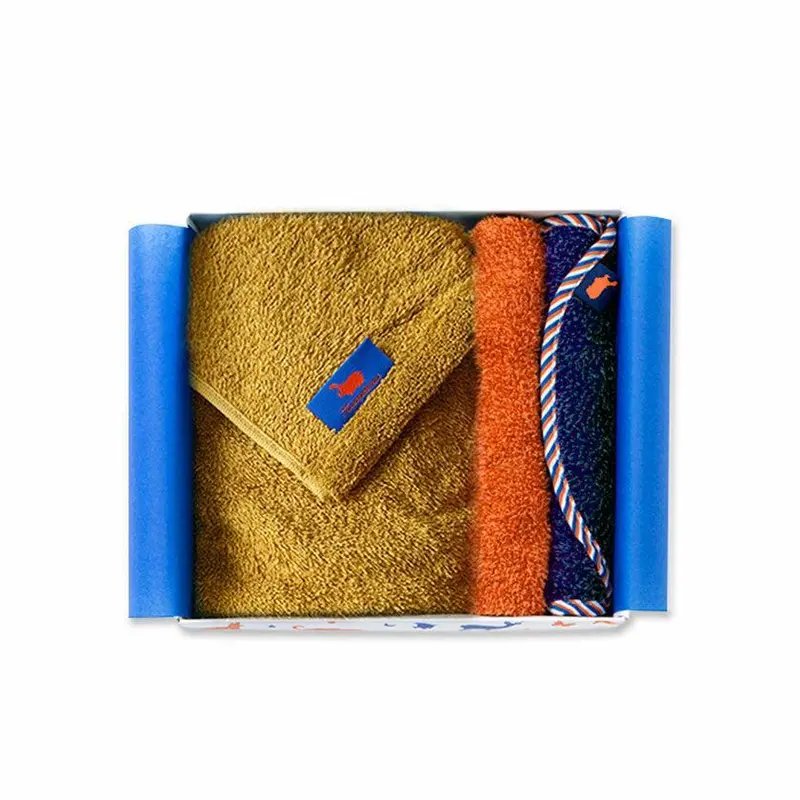 Coordinated Baby Set: Gold Loop Towel, Orange Chief Towel & Navy Bib 1