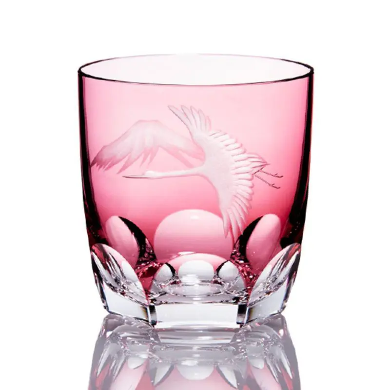 Crane & Fuji Whiskey Glasses – Gravure Sculpture In Red, Kagami Crystal 1