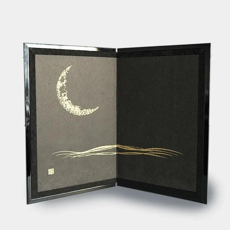 Crescent Moon Folding Screen In Black (Medium) — Karakami Washi Paper Room Divider With Bronze Details | Ekeibifugetsu 1