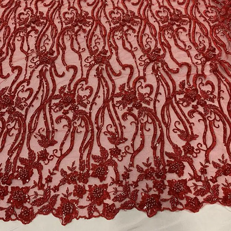 Crimson Red Beaded Embroidered Luxury Fashion Fabric 1