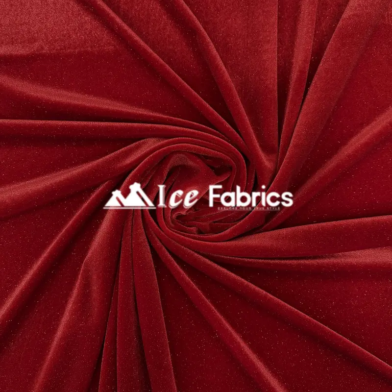 Crimson Red Glitter Stretch Velvet Fabric – Bold Velvetglow Spandex Fabric 1