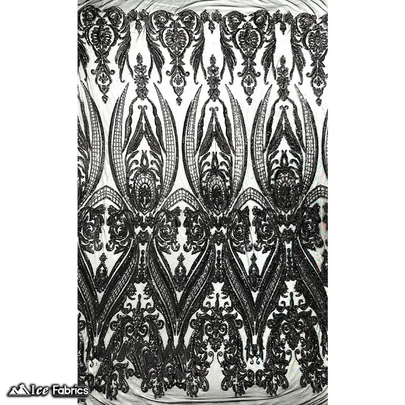 Damask-Print Sequin Fabric On 4-Way Stretch Spandex Mesh Lace 1