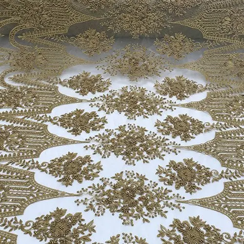 Dark Gold Or Taupe Geometric Beaded Lace Fabric By The Yard 1
