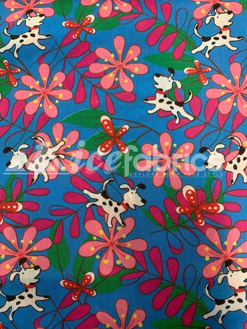 Denim Blue Puppy & Blossom Polyester-Cotton Fabric By The Yard 1