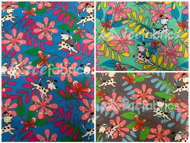 Dog-And-Flowers Print Polyester Cotton Fabric – Playful Fashion Fabric, By The Yard 1