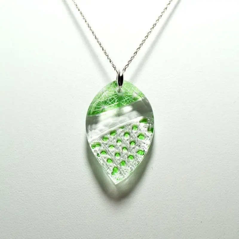 Drop Of Leaves Pendant – Hand-Cut Kiriko Glass Jewelry Piece 1