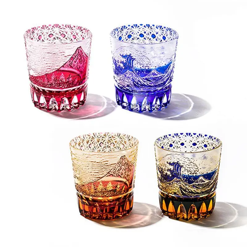 Edo Kiriko Gaifukaisei Old-Fashioned Glass – Kanagawa Oki Namiura & Kikugome Pattern 1