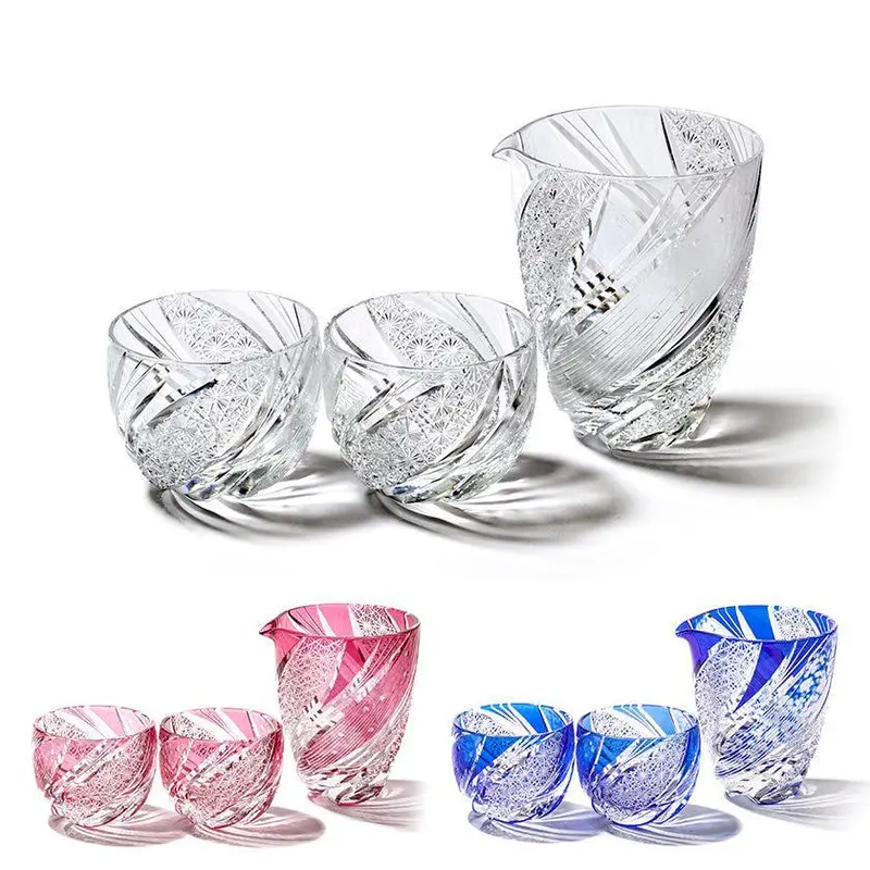 Edo Kiriko Meteor Sake Set – Modern Three-Piece Cut-Glass Ensemble 1