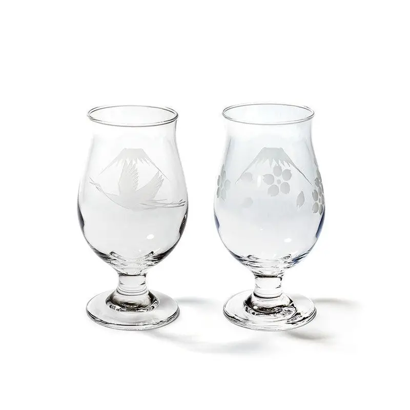 Edo Kiriko Mt. Fuji, Crane & Sakura Beer Glasses – Stylish Pair 1