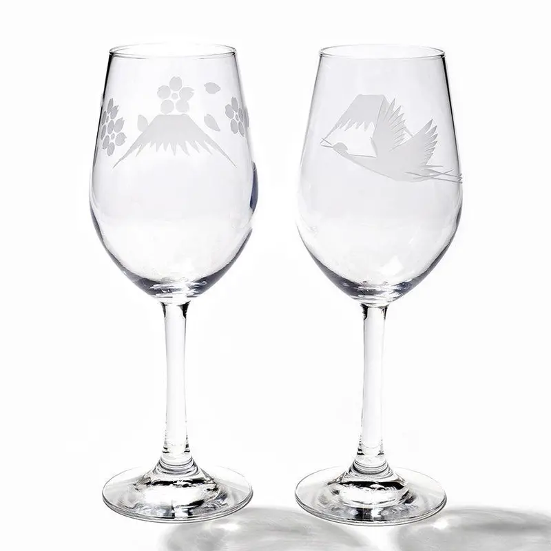 Edo Kiriko Mt. Fuji, Crane & Sakura Wine Glasses – Artisan Pair 1