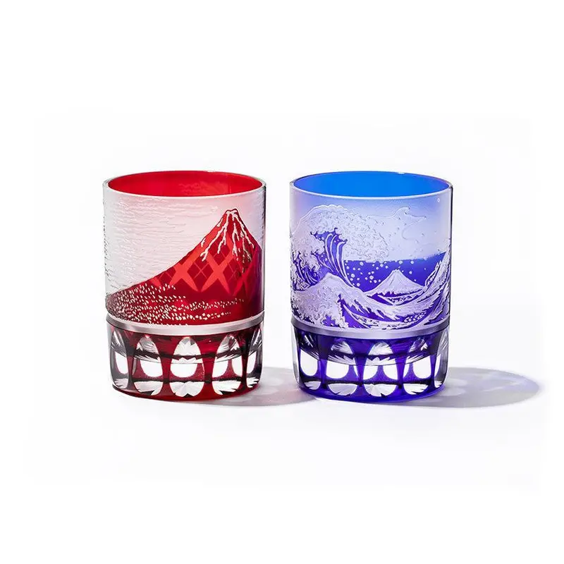 Edo Kiriko Red Fuji & Yarai Old-Fashioned Glass – Vibrant Cut-Glass Tumbler 1